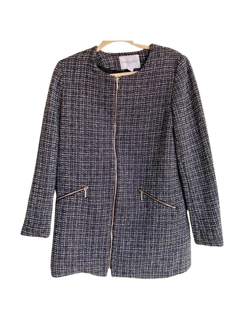 Carolina Belle Womens M Blue Plaid Tweed Zip Front Coat Old Money Preppy Classic - Picture 1 of 8
